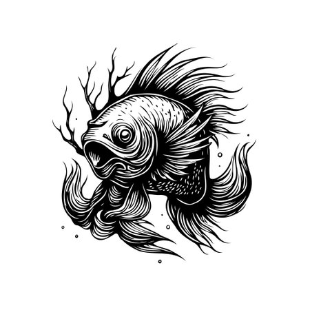A captivating monochrome illustration showcases an ornate fish, intricately detailed and swimming among delicate branches. The artwork evokes a sense of underwater mystique and artistic charm.のイラスト素材