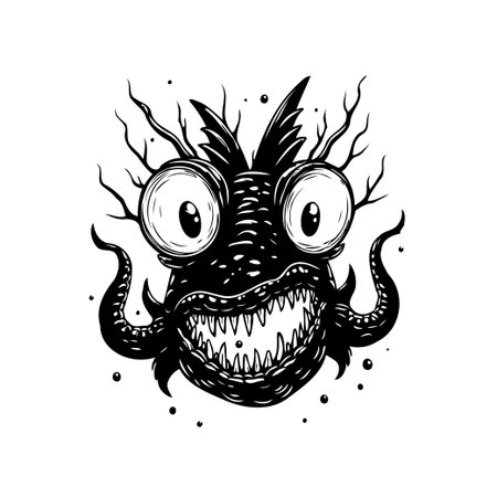 A whimsical black and white illustration of a creature with wide eyes sharp teeth and tentacles adding a touch of fun and spooky.のイラスト素材