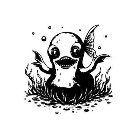 A whimsical cartoon illustration of a sea monster with aquatic plants. Black and white drawing showcasing a cheerful and playful sea creature.のイラスト素材