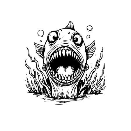 A quirky monochrome illustration depicts a startled fish with large eyes and exaggerated teeth, surrounded by seaweed in its aquatic environment. Its open mouth and bubbly surroundings suggest surprise.のイラスト素材