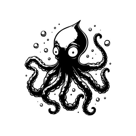 A whimsical cartoon illustration features a cute octopus with big, expressive eyes and swirling tentacles. The design is simple, clean, and isolated on a white background, making it perfect for various creative projects.のイラスト素材