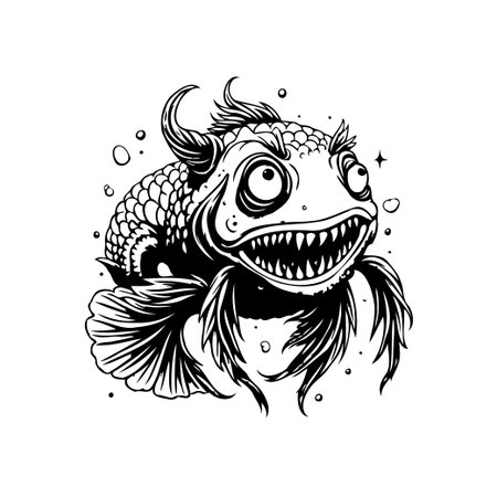 Cartoonish and menacing fish illustration with sharp teeth, big eyes, and isolated on a white background. This whimsical yet slightly unsettling design creates a memorable and unique visual.のイラスト素材