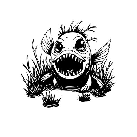This cartoonish fish illustration in black and white is a unique and funny design with a hint of spooky features, making it a playful yet eerie piece.のイラスト素材