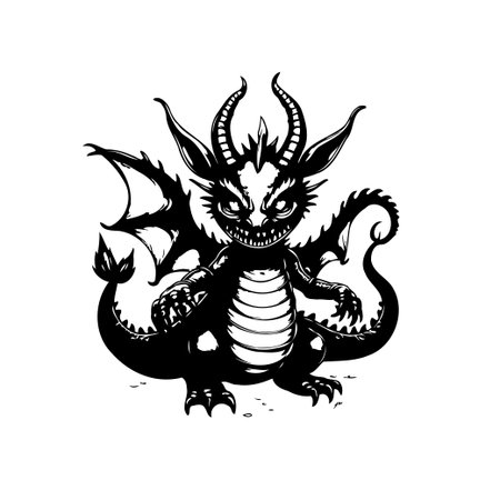 This is a black and white illustration of a ferocious dragon with menacing eyes and sharp teeth. The dragon is a mythical creature with wings, horns, scales, and claws.のイラスト素材