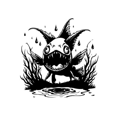Monochrome illustration of a monster fish with menacing teeth standing in water under falling raindrops and surrounded by spooky looking trees. Created in graphic style for artistic purposesのイラスト素材