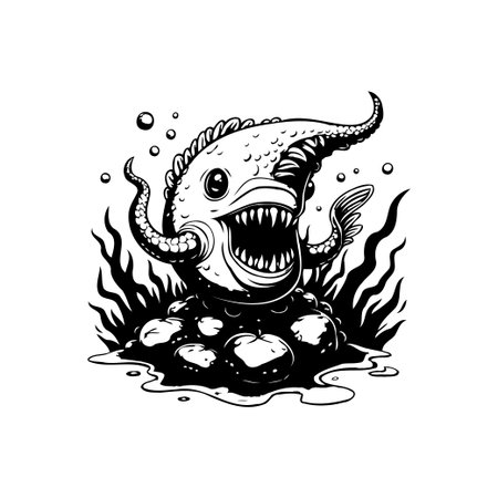 This drawing depicts a sea monster that has just emerged from the sea. The cartoon vector image creates a sense of fantasy and mystery.のイラスト素材