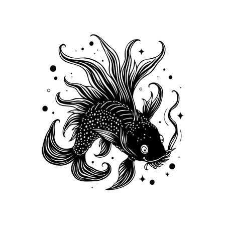 A detailed black and white illustration of an exotic fish gracefully swimming in a serene underwater setting, complete with delicate bubbles.のイラスト素材