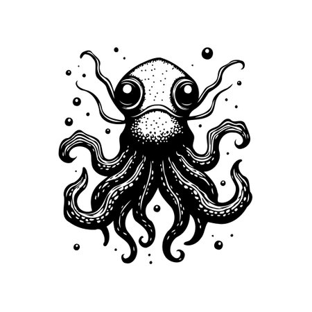 A captivating black and white illustration of an octopus with large, expressive eyes. This whimsical design is perfect for various applications, from children's books to marine-themed projects.のイラスト素材