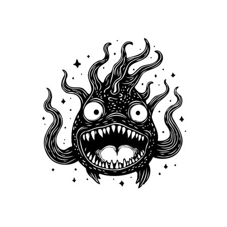 A spooky monster illustration features tentacles and stars, creating a nightmarish creature in a fantasy design. The black and white graphic is perfect for horror or Halloween themes.のイラスト素材