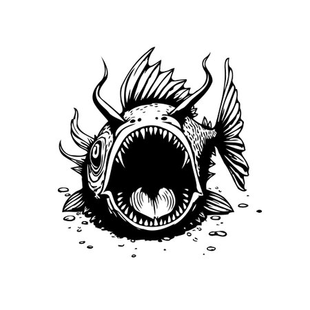 A monochrome illustration shows a scary anglerfish. The fish has a menacing expression with its open mouth and sharp teeth. Perfect illustration to represent horror theme.のイラスト素材