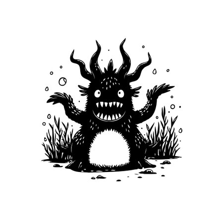 Stylized black monster with horns and sharp teeth emerging from grass illustration art vector for Halloween themes and scary stories and characters. The creature is black and has a dark comical tale to tell.のイラスト素材
