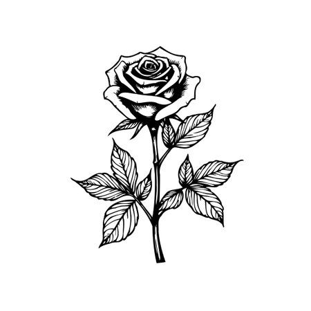 A beautifully detailed black and white drawing of a rose, perfect for adding a touch of elegance to any project. Ideal for graphic design, illustrations, and more.のイラスト素材