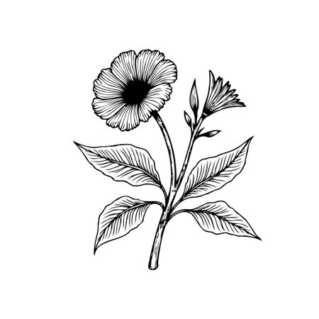 A detailed black and white botanical illustration showcases a blooming flower with surrounding leaves. The artwork exhibits intricate line work and is ideal for elegant, minimalist design projects.のイラスト素材