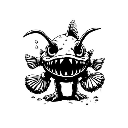 An original drawing design of a fantasy cartoon anglerfish monster. This illustration features exaggerated teeth and bright eyes, making it a unique character.のイラスト素材