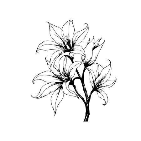 An elegant black and white lily flower illustration showcases delicate petals. This minimalist botanical art highlights the natural beauty of blooming flora.のイラスト素材