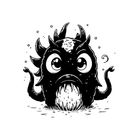 Detailed black and white illustration of a cartoon monster with horns and sharp teeth, great for Halloween themes and funny designs.のイラスト素材