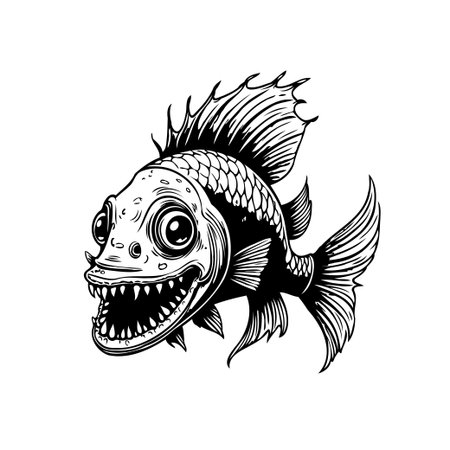 A hand-drawn cartoon illustration of a fish with oversized eyes and menacing sharp teeth. Rendered in black and white, the design is ideal for various creative projects.のイラスト素材