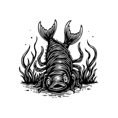 This artwork shows a strange sea creature that has the body of a fish and the claws of a lobster, illustrated in a black and white design.のイラスト素材
