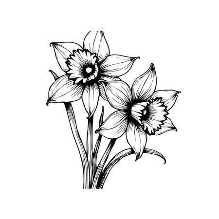 A detailed line art illustration of daffodil flowers showcasing their beauty in a monochrome style. Perfect for botanical designs and springtime themes.のイラスト素材