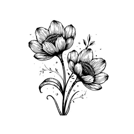 Elegant line art illustration of anemone flowers. This botanical artwork features delicate petals and fine details, perfect for adding a touch of nature to your designs.のイラスト素材