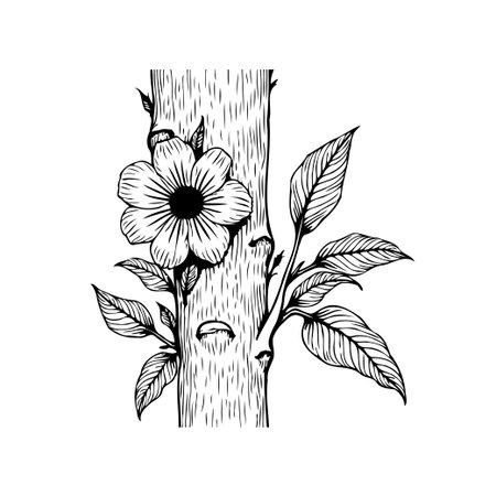 A detailed botanical illustration showcases a flowering branch gracefully wrapped around a tree trunk. The elegant design is perfect for nature-themed projects.のイラスト素材