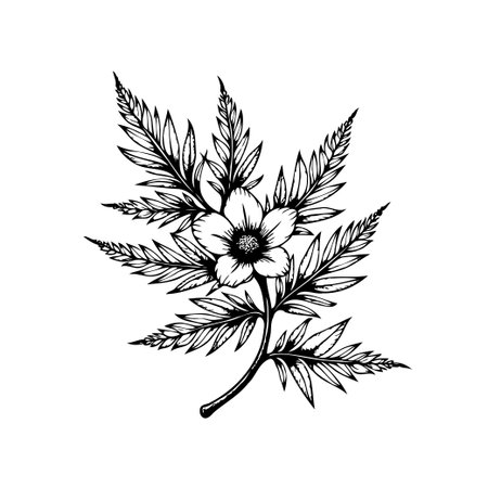 A delicate black and white floral sketch featuring a blooming flower surrounded by ornate leaves. This detailed drawing captures the essence of botanical art, perfect for adding an elegant touch to any design.のイラスト素材