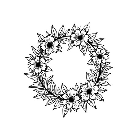 An elegant floral wreath vector illustration creates a graceful frame for designs and decorations. It's a simple and artistic touch for any project.のイラスト素材