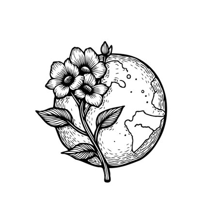 A black and white illustration features a flourishing flower rooted on the earth globe, symbolizing the beauty and importance of nature and environmental conservation.のイラスト素材