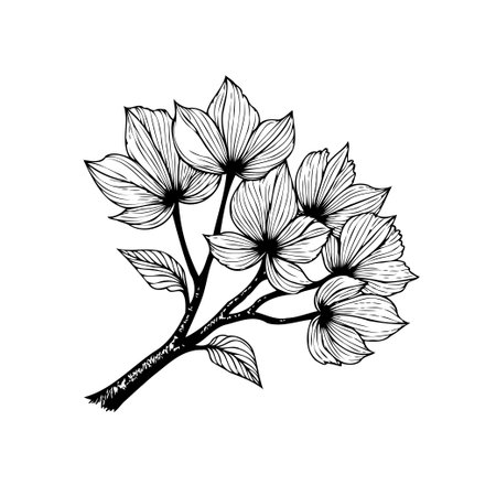 A delicate botanical illustration of a flower branch with detailed petals and leaves. Perfect for adding a touch of nature and elegance to any design project.のイラスト素材