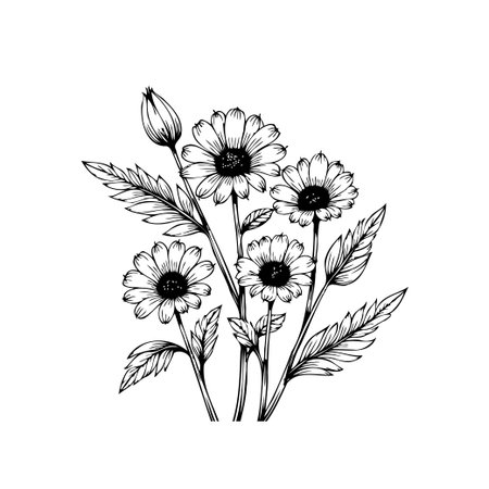 An elegant botanical illustration featuring a cluster of daisies and leaves. The detailed linework creates a classic, timeless design. Perfect for adding a touch of nature and beauty.のイラスト素材