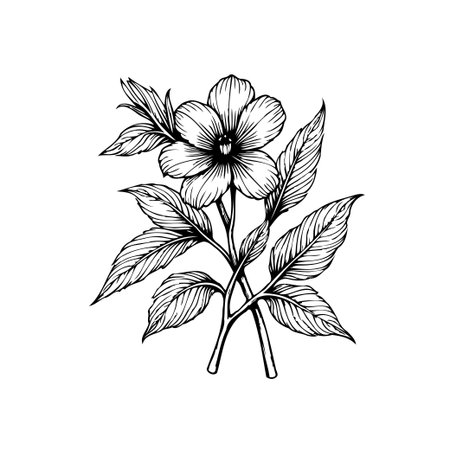 Elegant monochrome botanical illustration displaying a delicately detailed flower blossom accompanied by carefully rendered leaves. A beautifully simple and refined composition.のイラスト素材