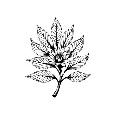 An elegant botanical illustration showcasing a stylized flower with accompanying leaves, presented in a vintage aesthetic. The detailed design element is ideal for various creative projects.のイラスト素材