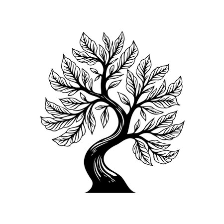 A black and white drawing of a tree with leaves. The image is a simple yet elegant representation of nature, perfect for various design projects.のイラスト素材