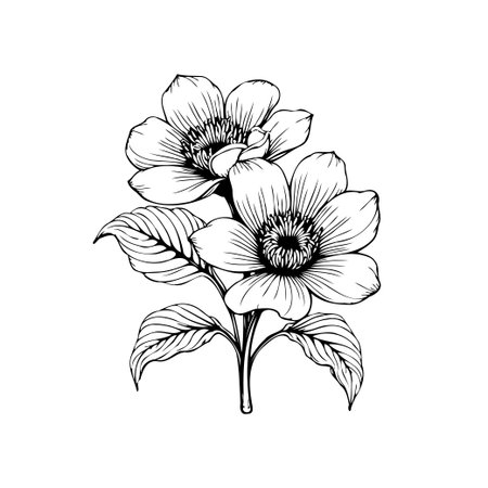 A detailed black and white botanical illustration of flowers and leaves. The delicate line work creates an elegant and timeless design, perfect for various creative projects.のイラスト素材