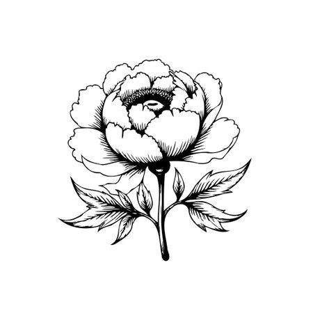 A detailed monochrome drawing showcases a peony flower with its delicate petals and leaves. This botanical illustration exudes elegance and simplicity in its refined design.のイラスト素材
