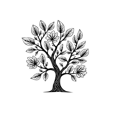 An elegant black and white illustration of a stylized tree with leaves and flowers. The drawing showcases intricate line work and represents natural growth.のイラスト素材