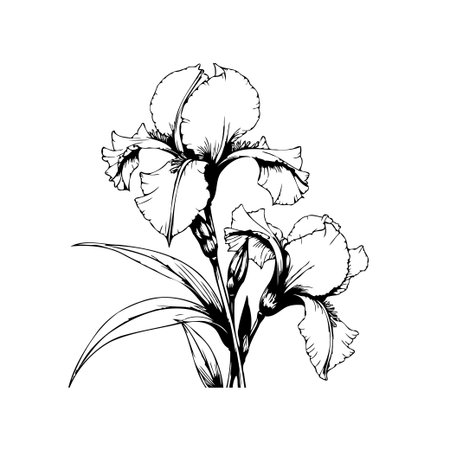 Detailed botanical illustration of iris flowers. Elegant and intricate monochrome design. Perfect for adding a touch of nature and beauty to your creative projects.のイラスト素材