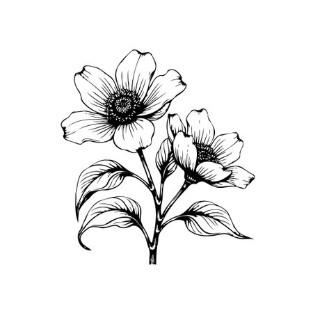 This is a detailed hand-drawn illustration of flowers and leaves, perfect for adding an elegant and natural touch to any design project.のイラスト素材