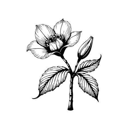 A detailed botanical illustration of a hellebore flower with leaves. The artwork emphasizes line work and shading, creating an elegant and timeless aesthetic suitable for various creative projects.のイラスト素材