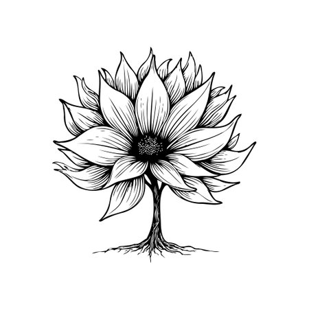 A black and white botanical illustration showcases a flower resembling a tree. Its roots are exposed, adding an organic touch to the simple design.のイラスト素材