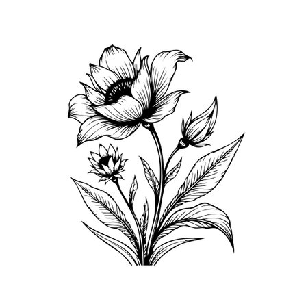 A detailed monochrome floral illustration showcasing a blooming flower, buds, and leaves. The drawing features delicate linework, adding an elegant and romantic touch suitable for various design purposes.のイラスト素材