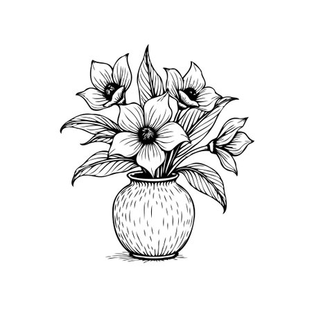 A simple and stylish flower arrangement illustration in black and white, featuring a vase filled with blooming flowers and leaves. A decorative botanical design.のイラスト素材