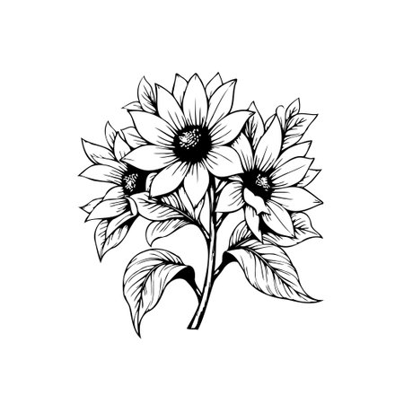 Beautiful hand-drawn sunflower illustration. The intricate details of the floral arrangement are showcased. Isolated on a white background for easy use in various design projects.のイラスト素材