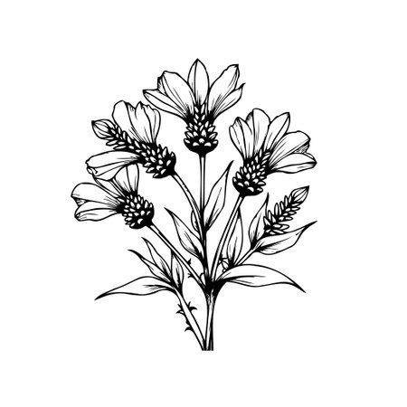 A beautifully detailed black and white drawing of lavender flowers. This botanical illustration captures the elegant simplicity of nature, perfect for various design applications.のイラスト素材