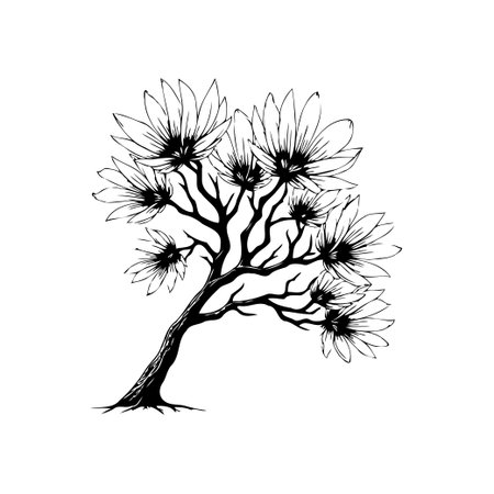 A beautiful black and white botanical illustration features a flowering tree with elegant flowers, drawn in a minimalist style, perfect for adding a natural touch to any design project.のイラスト素材