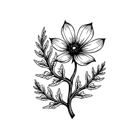 A detailed black and white floral illustration featuring an anemone flower and delicate leaves. Perfect for designs needing an elegant botanical touch.のイラスト素材