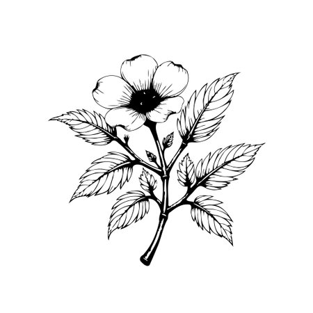 A beautiful hand-drawn botanical illustration features a flower with leaves on a branch, perfect for adding a touch of elegance to any design or creative projectのイラスト素材