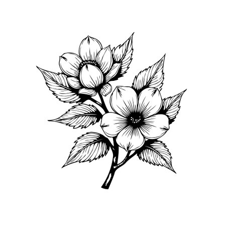 Detailed hand-drawn botanical sketch of a flowering branch. This elegant illustration captures the beauty of nature, perfect for adding a touch of sophistication to any project.のイラスト素材