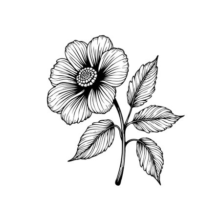 This is a detailed botanical illustration of a flower and leaves, rendered in black and white line art. It captures the delicate beauty of nature with intricate detail.のイラスト素材