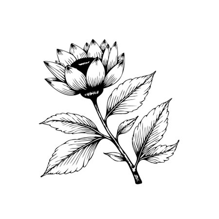 A detailed botanical illustration features a delicate flower with intricate line work, set against a clean white background, creating an elegant and timeless visual.のイラスト素材